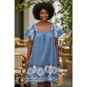 Signature by Robbie Bee Blue White Floral Embroidered Ruffle A-Line Dress XXL